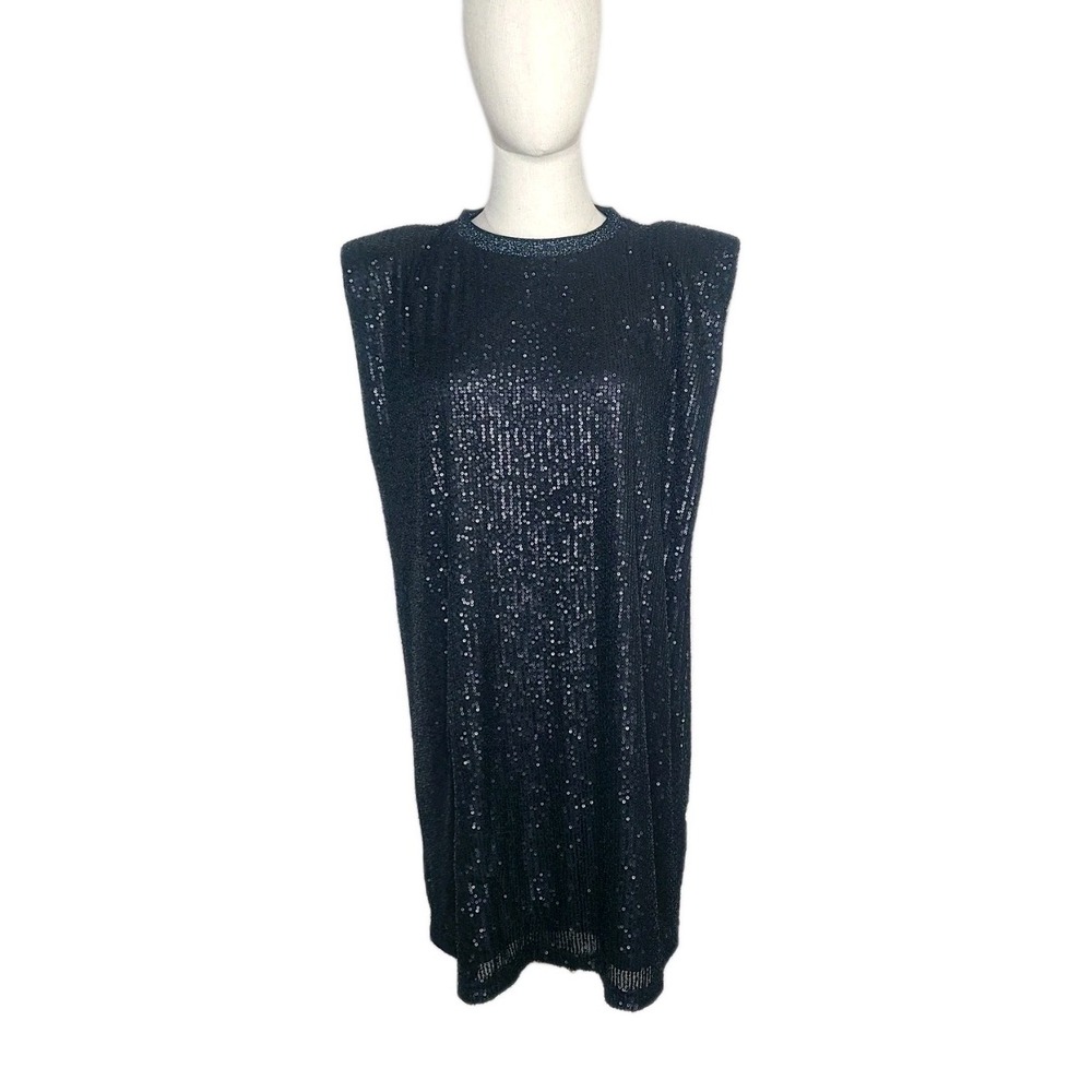 EASEL‎ Black Sequin Mini Structured Shoulder Sleeveless Edgy Modern 80s Small